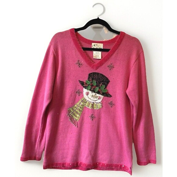 Quacker‎ Factory Sweater Size M Pink Snowman Sequins Long Sleeve Beaded Holidays - Picture 2 of 9